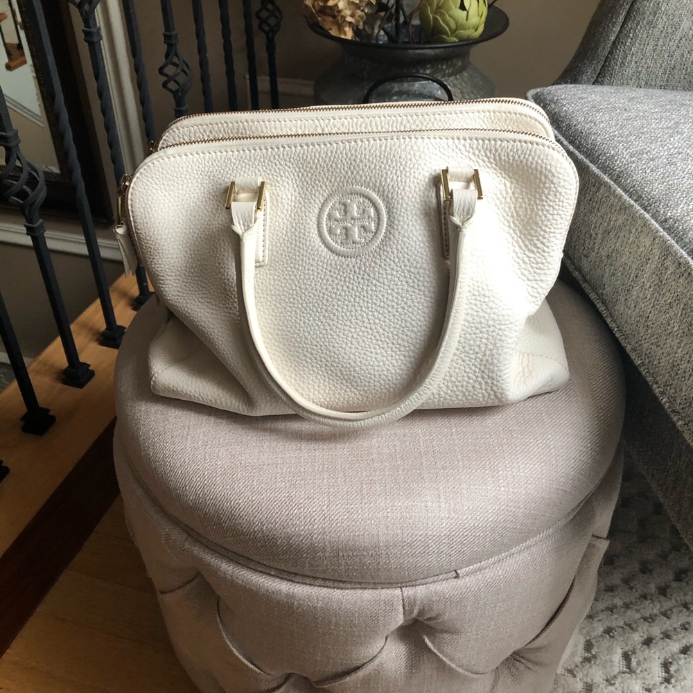 Tory Burch Cream Pebbled Leather Double-Zip Satchel